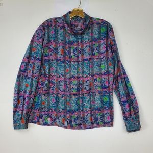 Vintage Pleated Sheer Stripe Blouse Retro Psychadelic Print Size 12 - Li…